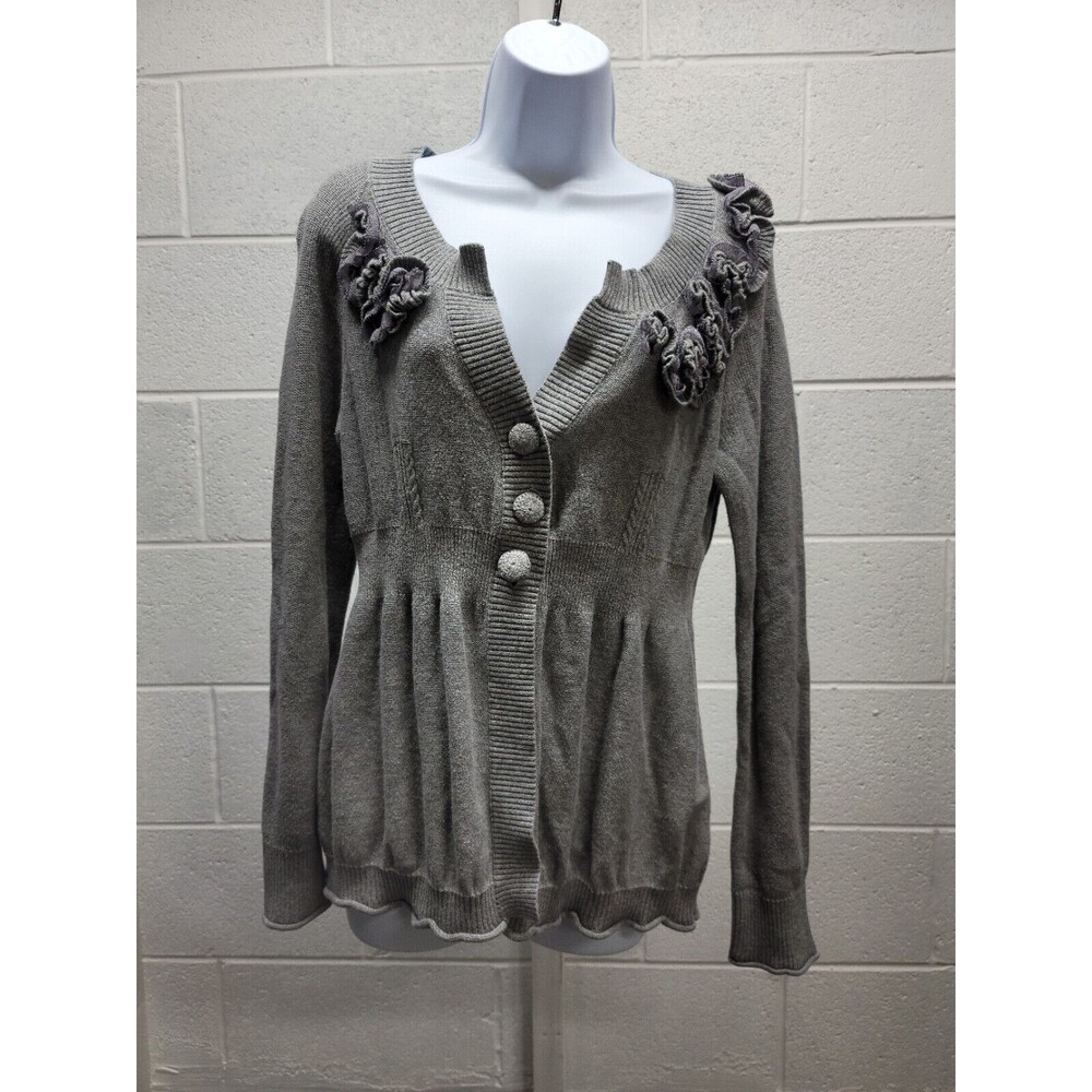 DKNY Women’s Buttoned Cardigan Sweater XL Grey Embroidered Flowers Boho Chic